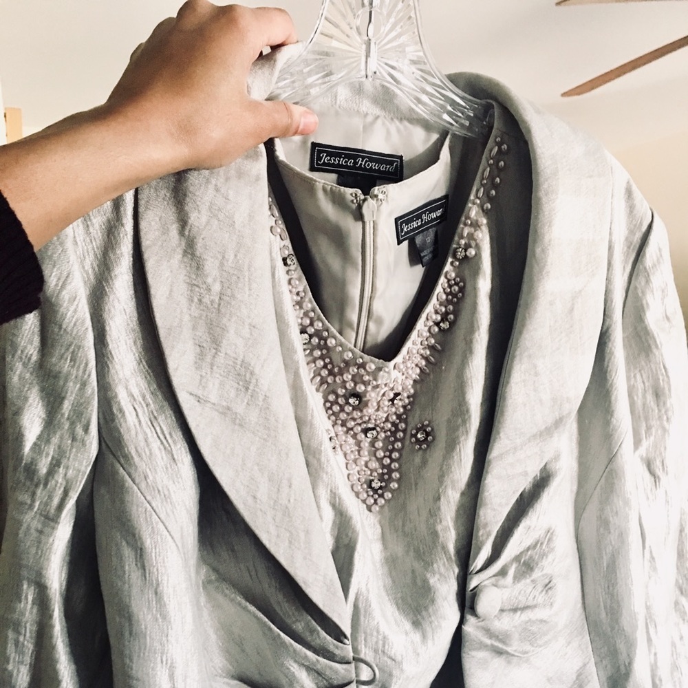 Silver Embellished 2-Piece Skirt Suit Set - Sz 12